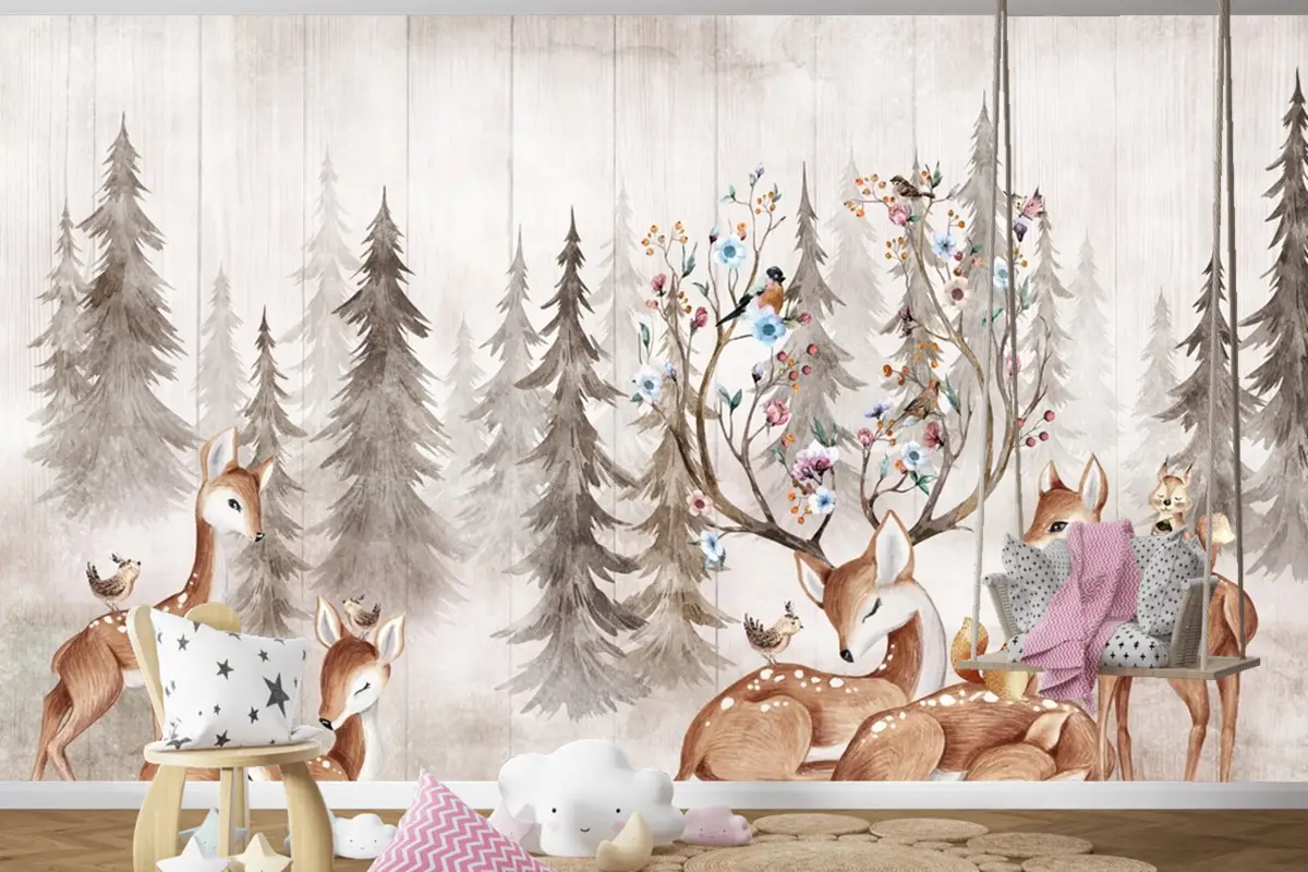 Hayvanlarla Suluboya Orman Geyik Çocuk Odası Duvar Kağıdı