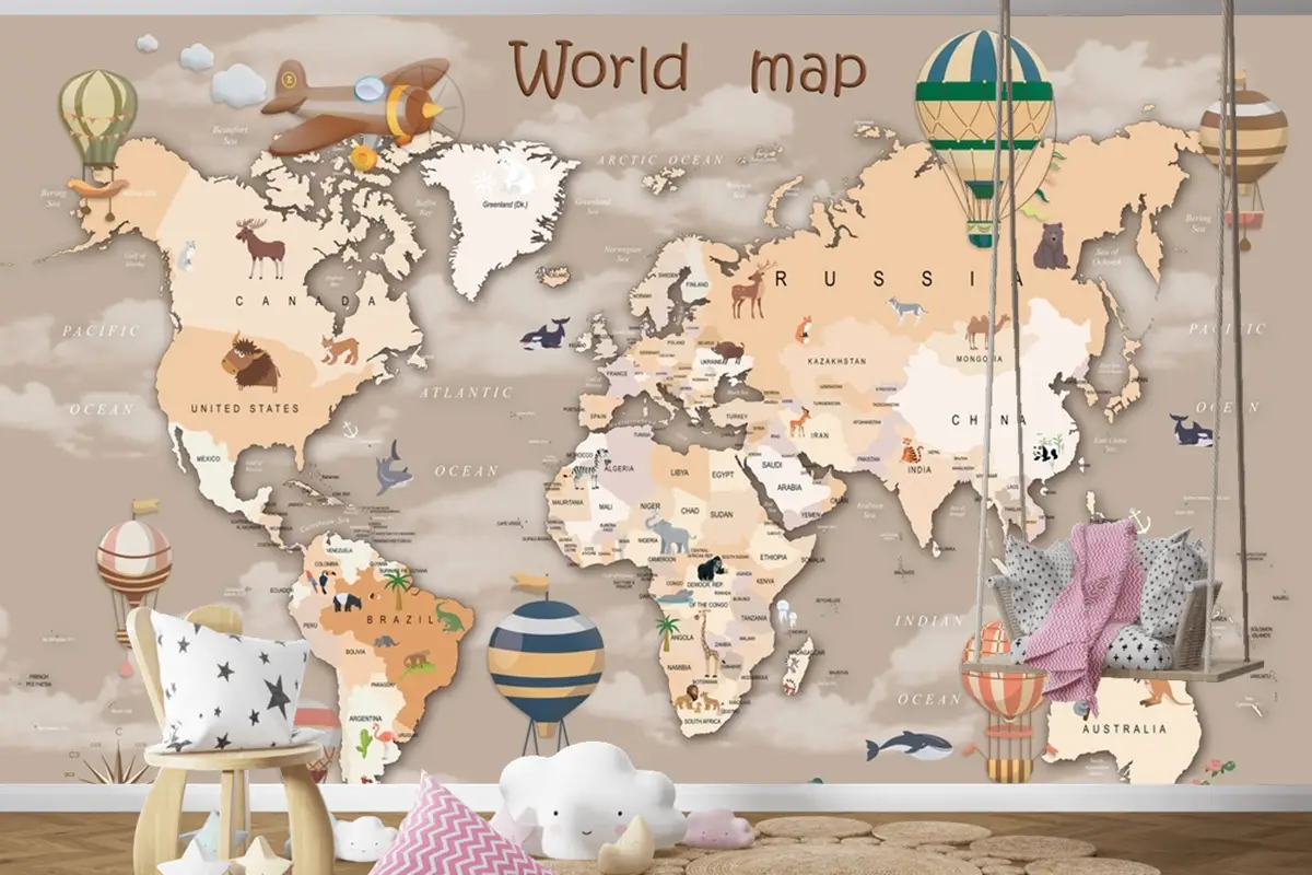 Hayvanlı Ve Sıcak Hava Balonlu Dünya Haritası Çocuk Odası Duvar Kağıdı