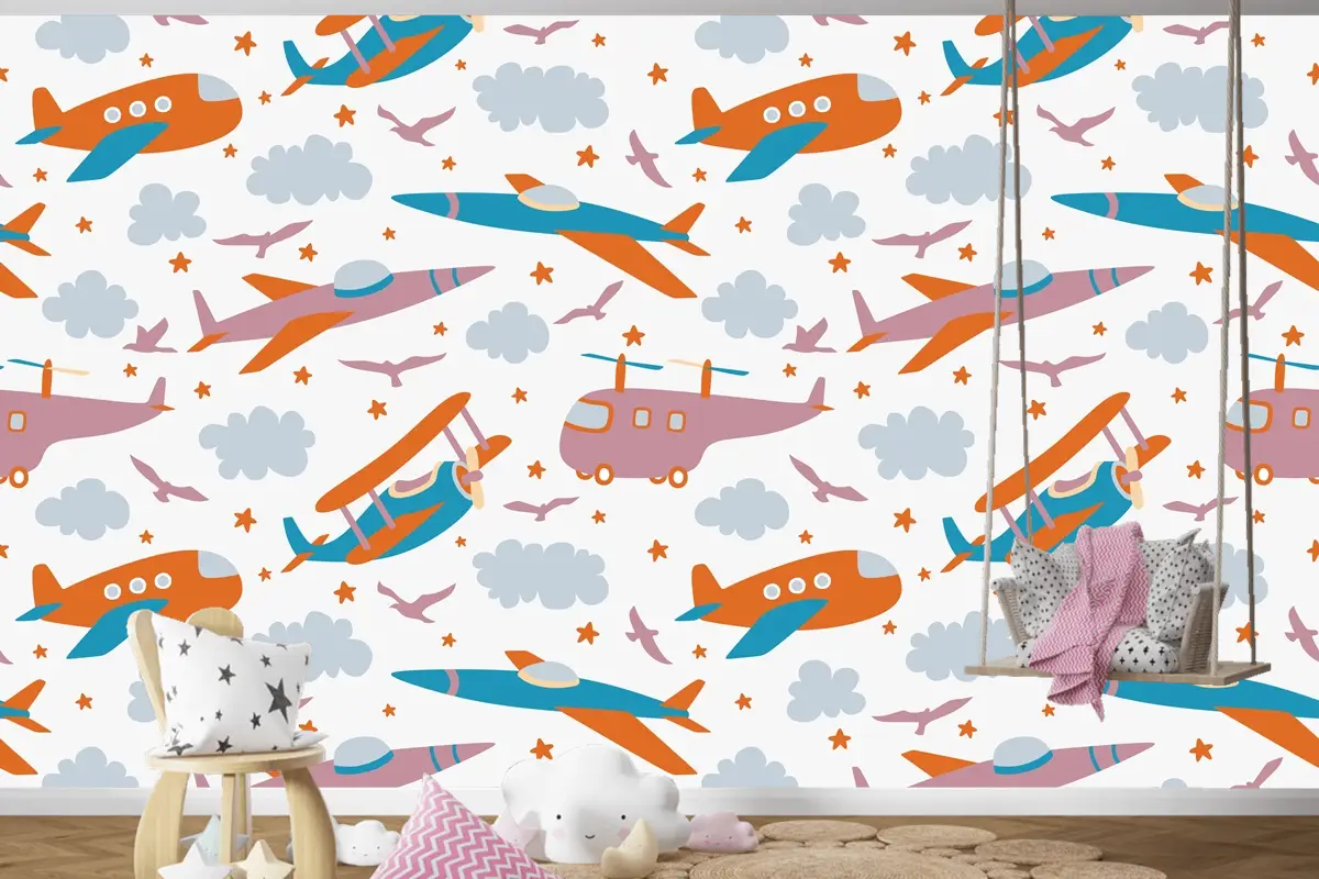 Hipster Doodles Renkli Dikişsiz Desen Düzlem Çizimi Çocuk Odası Duvar Kağıdı 