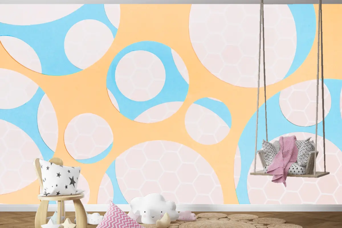 Sarı Çocuk Odası Duvar Kağıdı Duvar Üzerinde Daire Şeklinde Petek Deseni