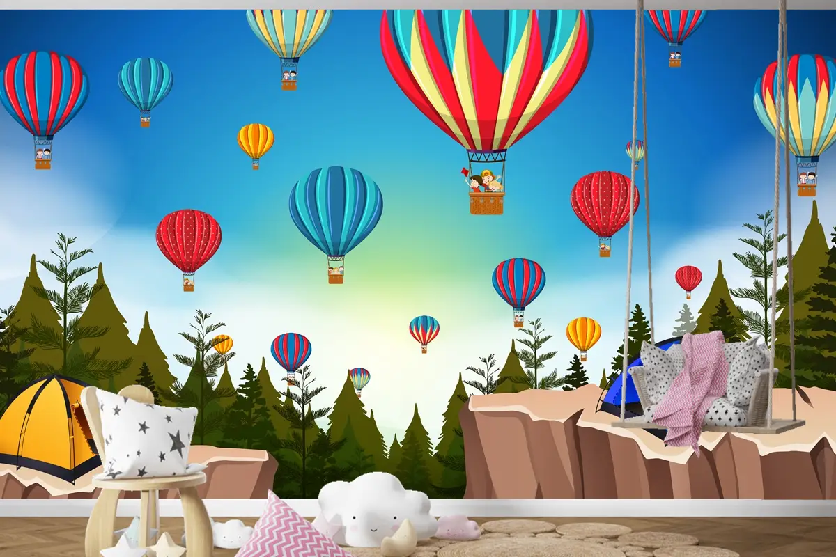 Doğada Sıcak Hava Balonu Manzara Çocuk Odası Duvar Kağıdı