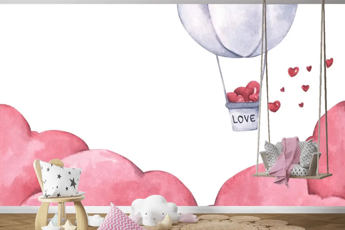 Sıcak Hava Balonu Gökyüzünde Yüzen Kalpli Çocuk Odası Duvar Kağıdı