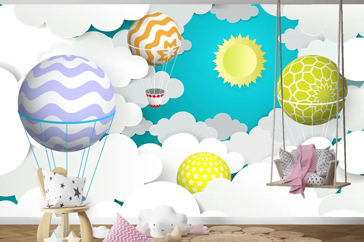 Gökyüzünde Sıcak Hava Balonları Kağıt Sanat Tarzı Çocuk Odası Duvar Kağıdı