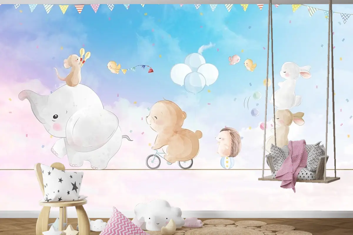 İp Üstünde Mutlu Hayvanlar Çocuk Odası Duvar Kağıdı