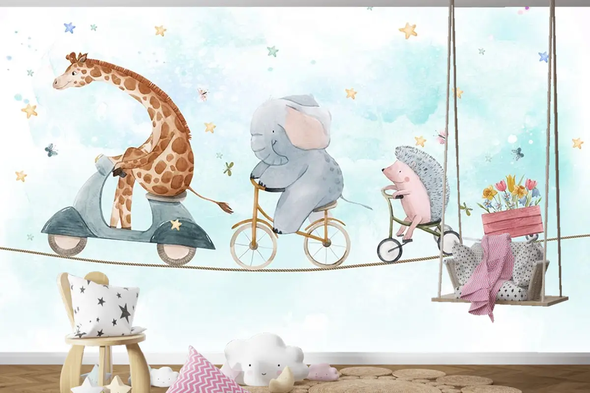İp Üzerinde Bisiklet Süren Sevimli Hayvanlar Çocuk Odası Duvar Kağıdı