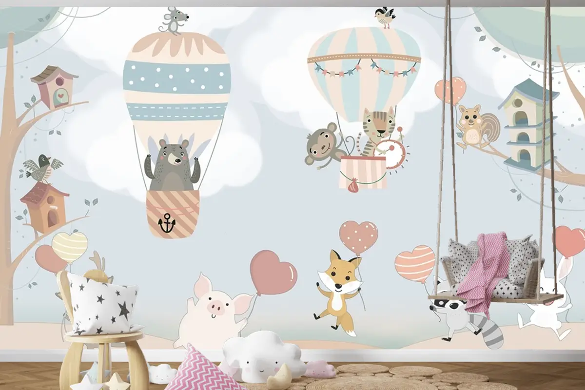 İskandinav Hayvanları Sıcak Hava Balonları Çocuk Odası Duvar Kağıdı