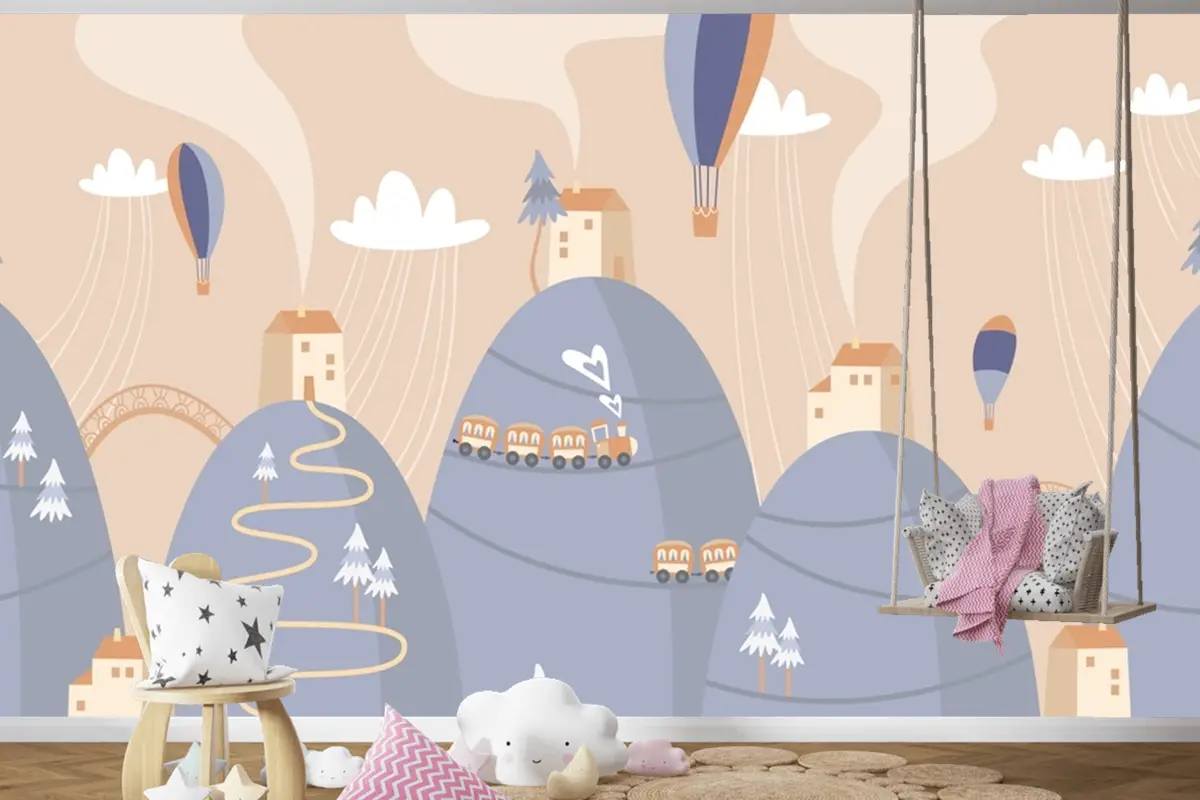 İskandinav Manzara Tepeler Sıcak Hava Balonları Tren Çocuk Bebek Odası Duvar Kağıdı