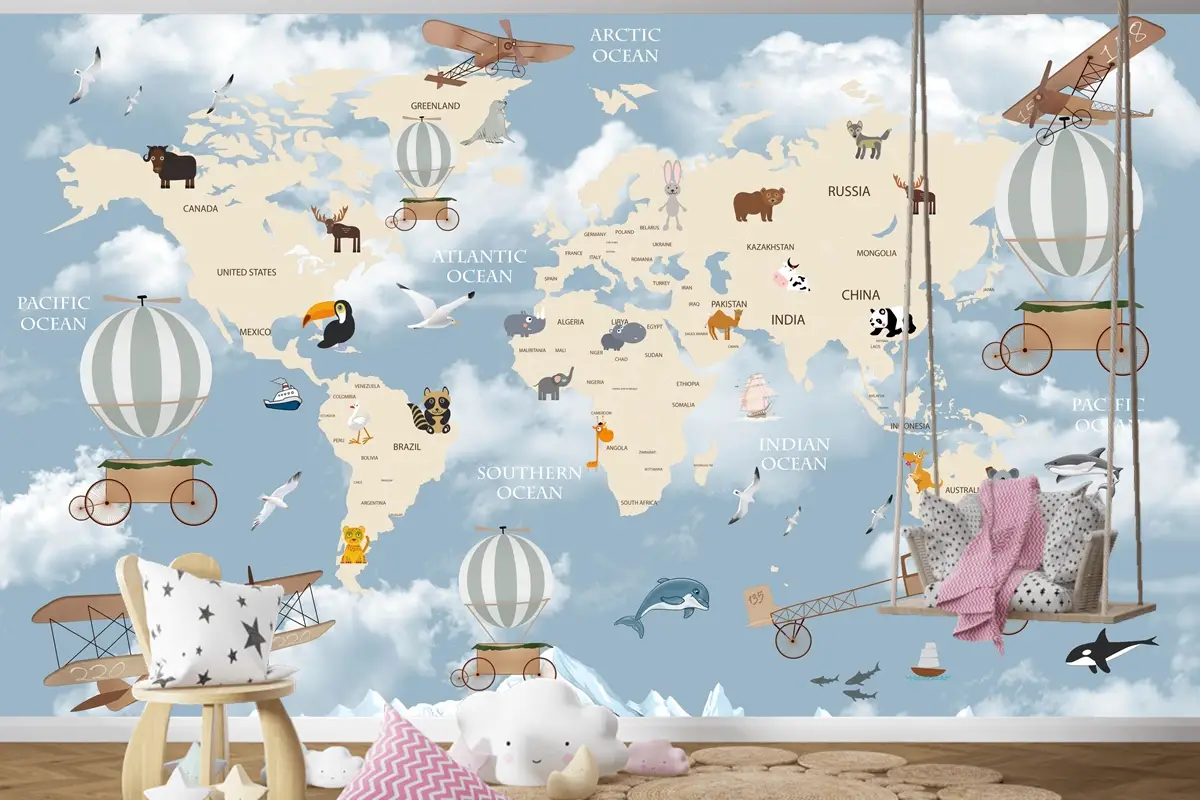 Keşif ve Oyun Temalı Harita Desenli Çocuk Odası Duvar Kağıdı