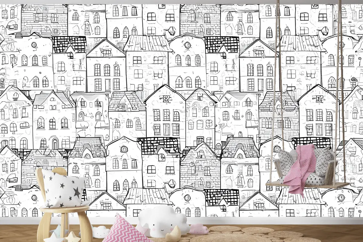 Çocuklar Siyah Beyaz Eskiz Ev Çocuk Odası Duvar Kağıdı 