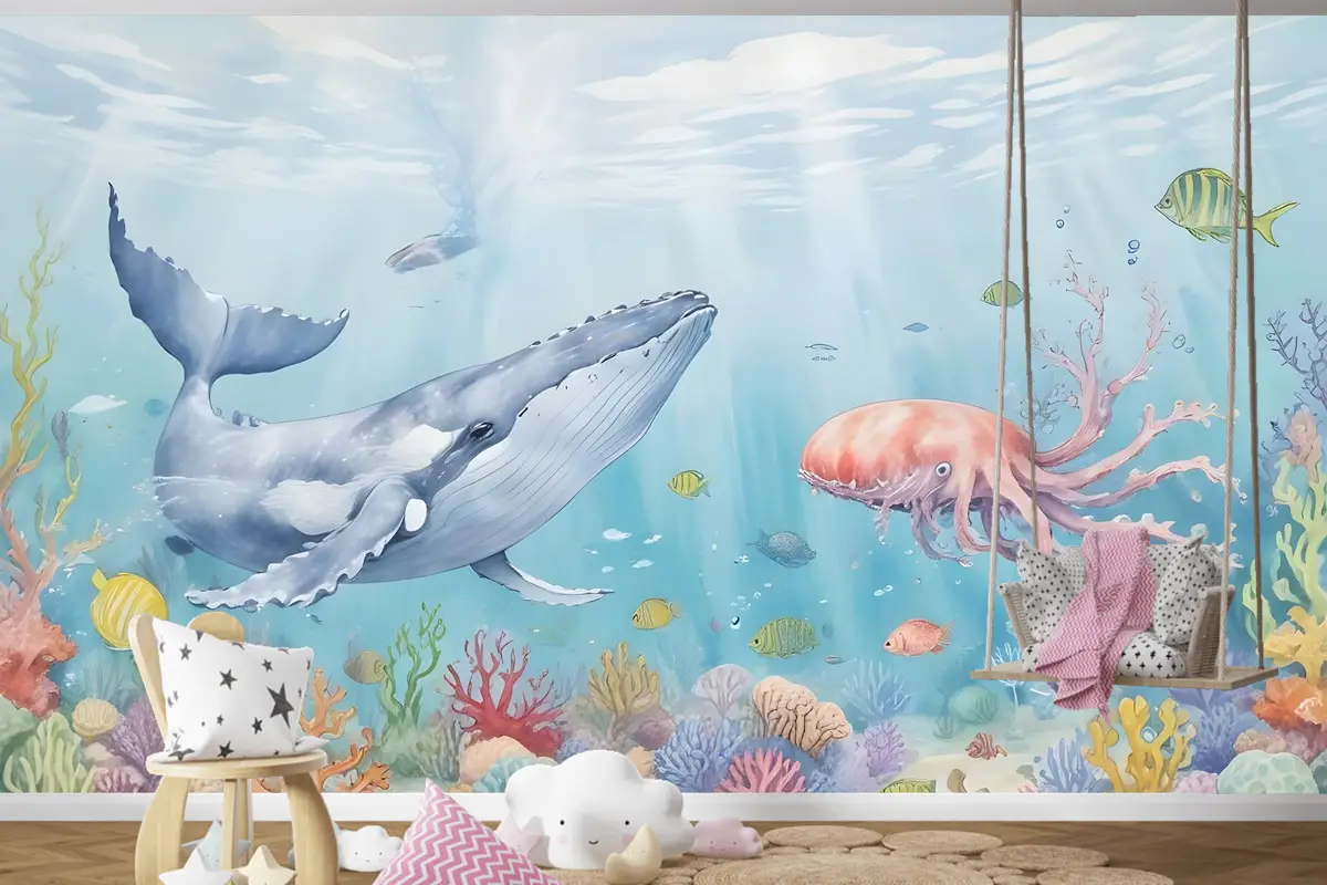 Çocuklar Sevimli Balina Denizaltı Çocuk Odası Duvar Kağıdı Duvar Resimleri