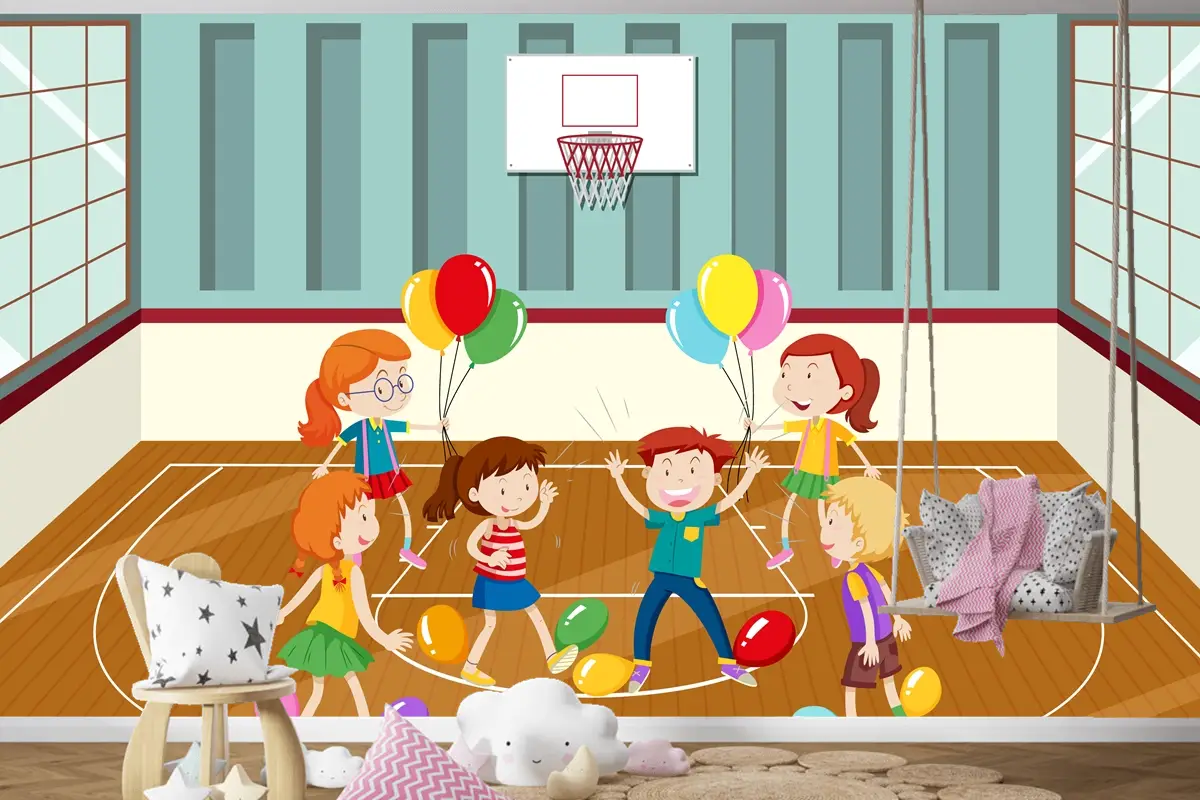 Balonlarla Fiziksel Aktivite Yapan Çocuklar Çocuk Odası Duvar Kağıdı