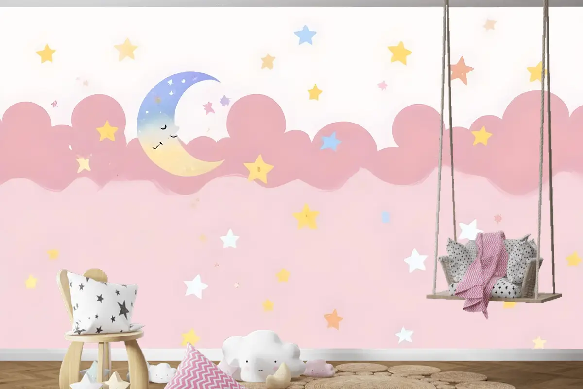 Çocuk Kız Pembe Gece Uyuyan Ay Çocuk Odası Duvar Kağıdı