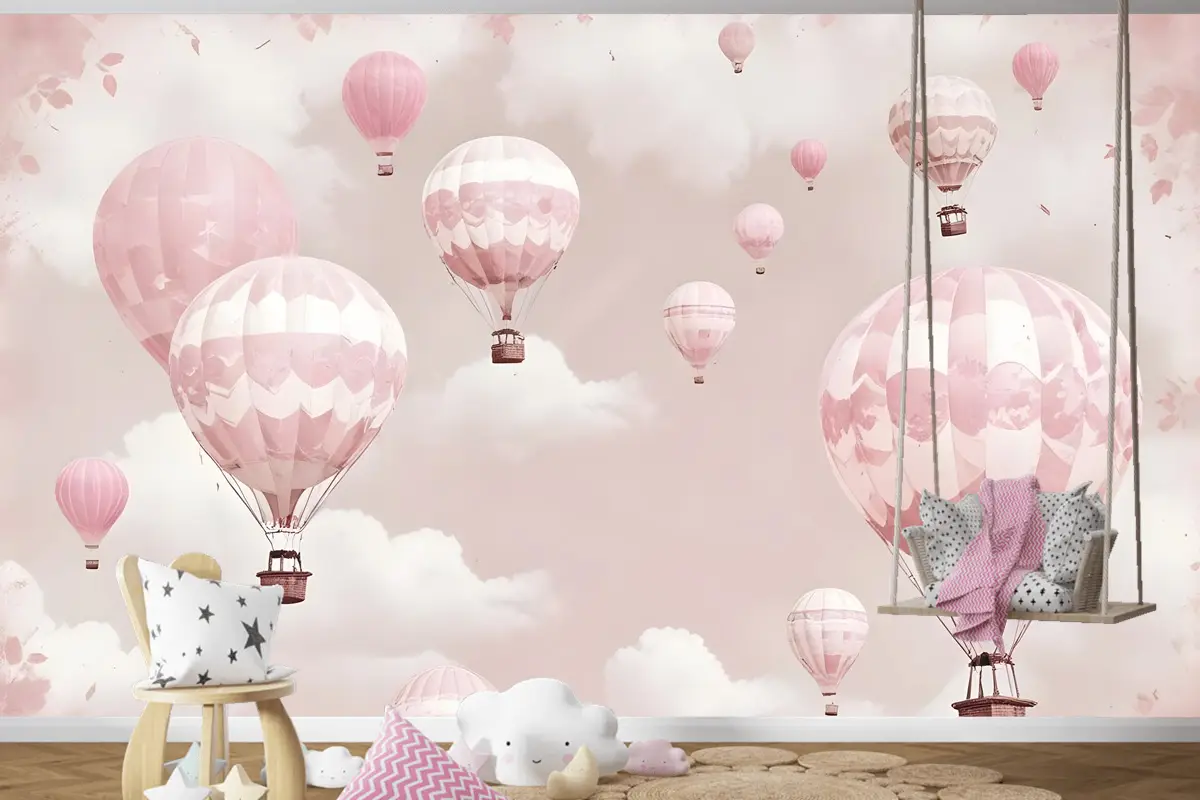 Çocuk Kız Sıcak Hava Balonu Çocuk Odası Duvar Kağıdı Duvar Pembe Gökyüzü