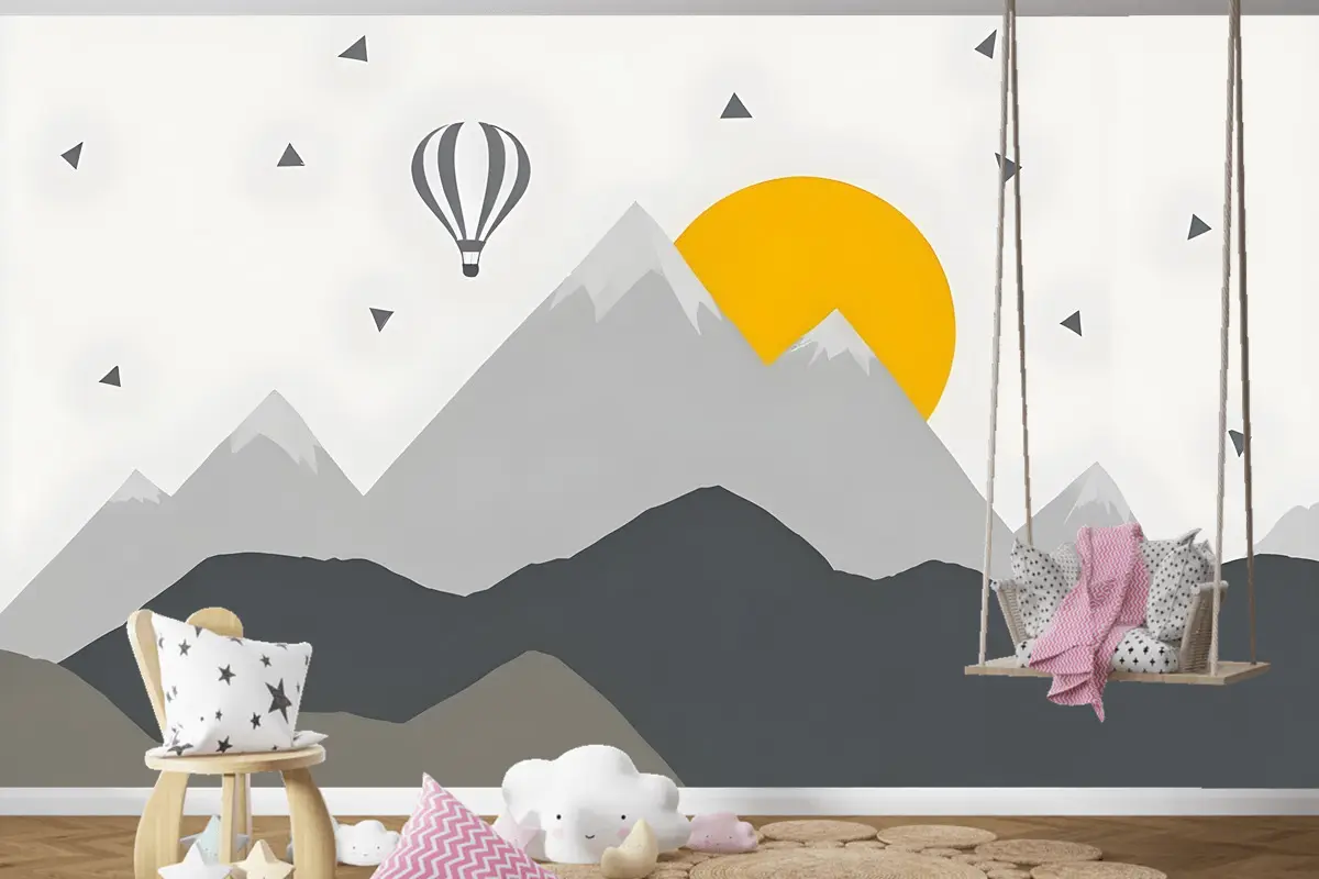 Çocuklar Gri Geometrik Dağ Manzarası Ve Sıcak Hava Balonu Çocuk Odası Duvar Kağıdı