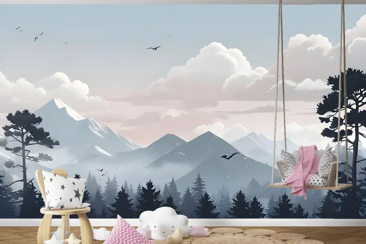 Çocuklar Karla Dağ Manzarası Çocuk Odası Duvar Kağıdı