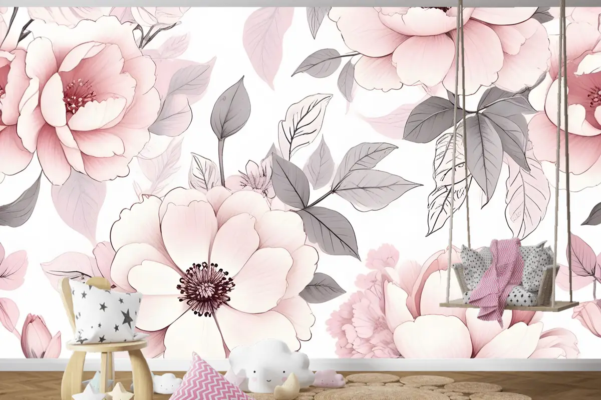 Çocuk Kreş Çiçek Pembe Gül Desenli Çocuk Odası Duvar Kağıdı