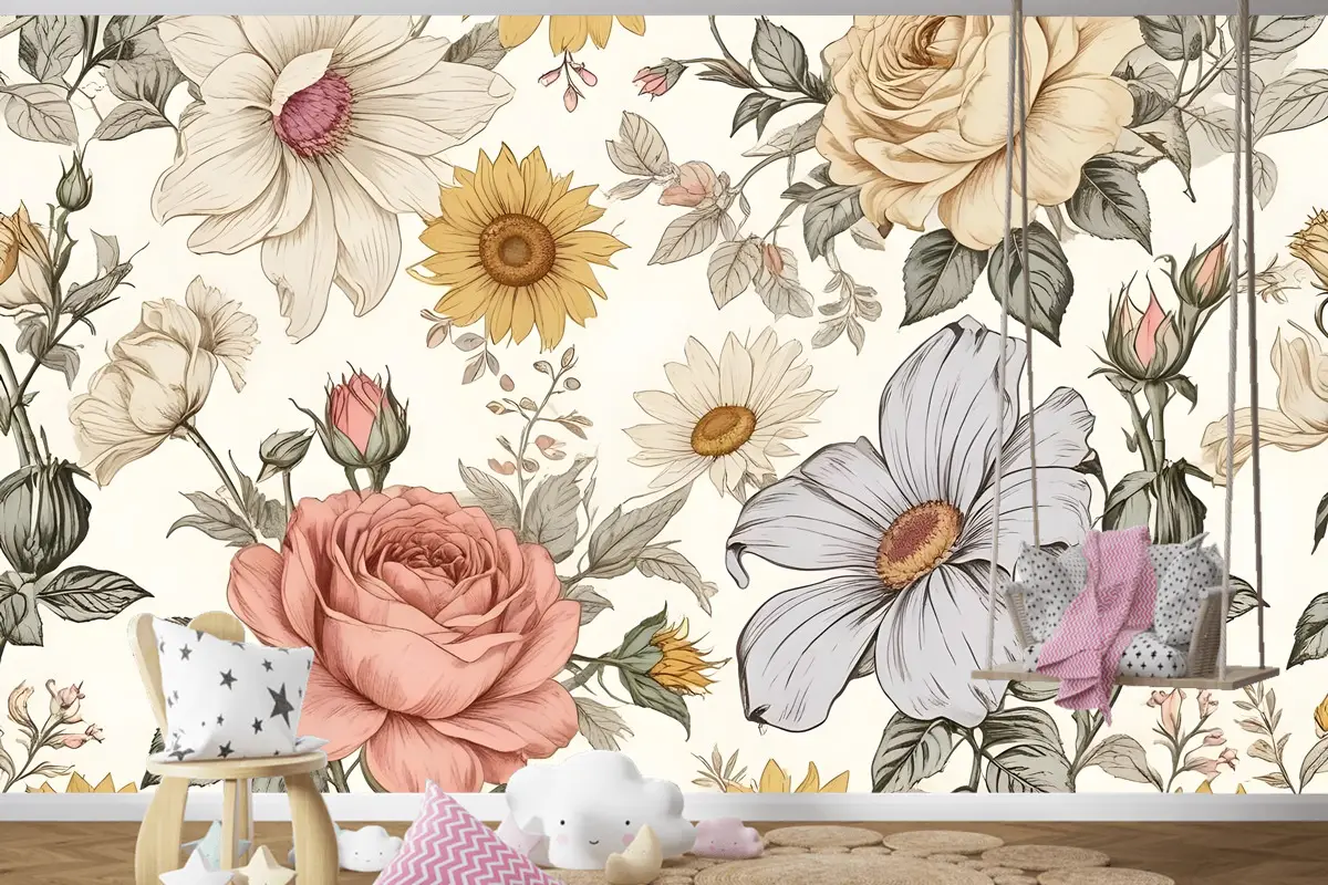 Çocuklar Şakayık Ve Papatya Çiçek Çocuk Odası Duvar Kağıdı