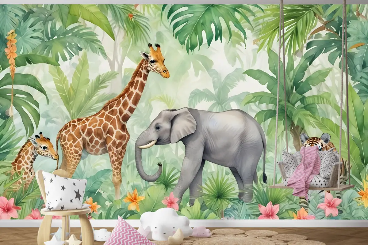 Çocuklar Safari Suluboya Tropikal Orman Orman Hayvanları Çocuk Odası Duvar Kağıdı