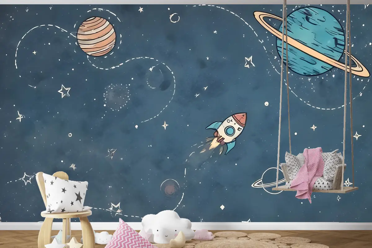 Beyaz Şerit Çocuk Odası Duvar Kağıdı  Ile Parlayan Karikatür Uzay Çocuklar