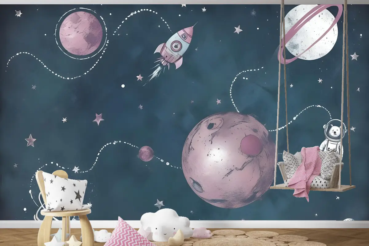 Suluboya Ayı Astronot Çocuk Odası Duvar Kağıdı Ile Uzay Parlayan Çocuklar