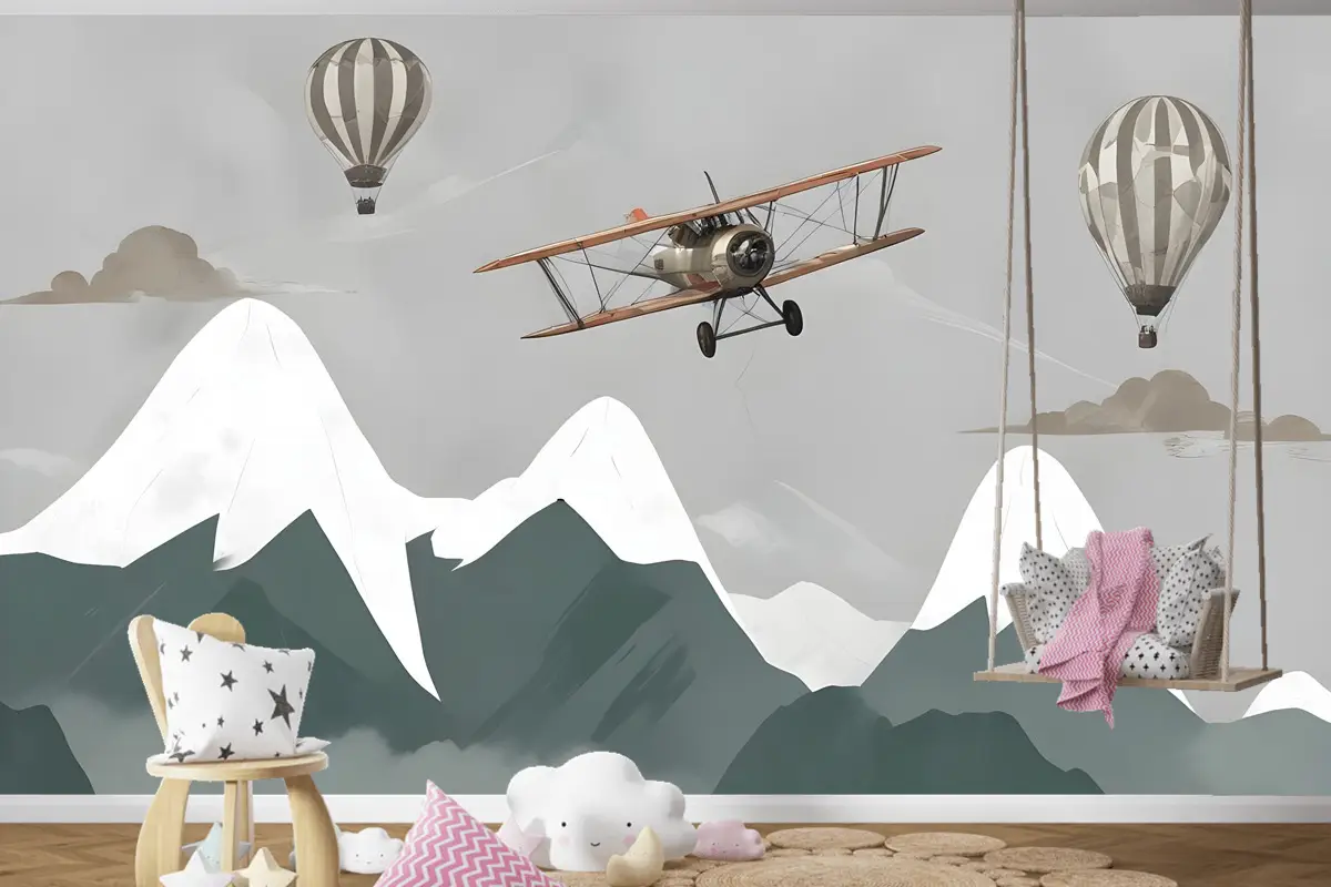 Çocuklar Uçak Ve Balonlarla Karlı Dağ Çocuk Odası Duvar Kağıdı