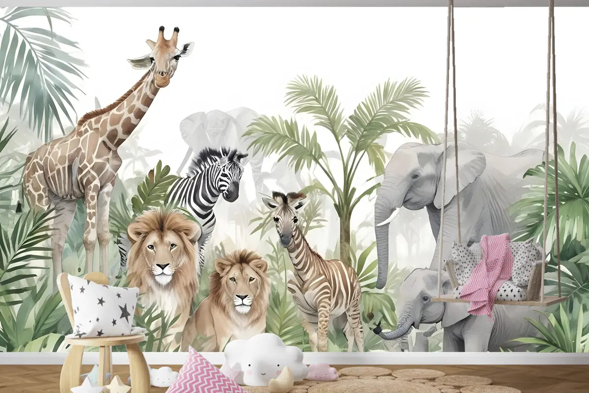Yapraklı Tropikal Hayvanlar Çocuk Odası Duvar Kağıdı