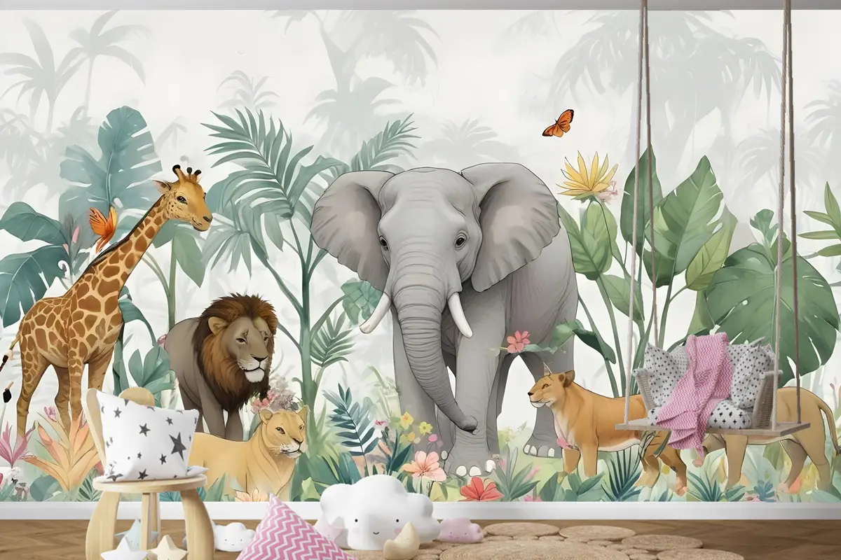 Yeşil Yapraklı Çocuklar Tropikal Safari Hayvanları Çocuk Odası Duvar Kağıdı