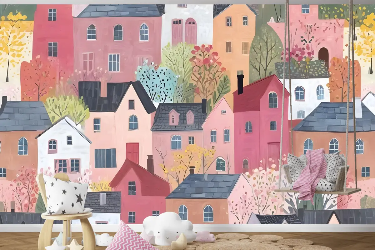 Çocuklar Suluboya Sevimli Kasaba Evi Çocuk Odası Duvar Kağıdı 