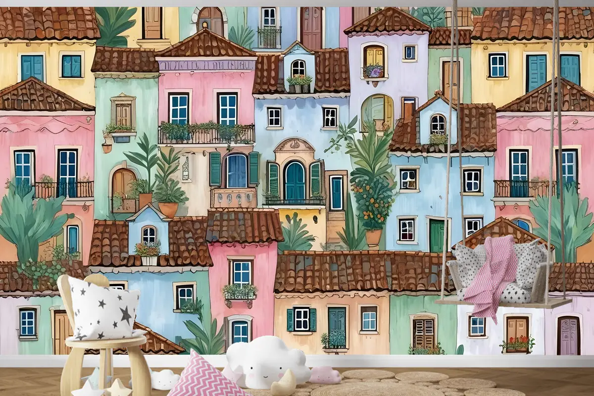 Çocuklar Suluboya Ortaçağ Evi Bitkilerle Çocuk Odası Duvar Kağıdı