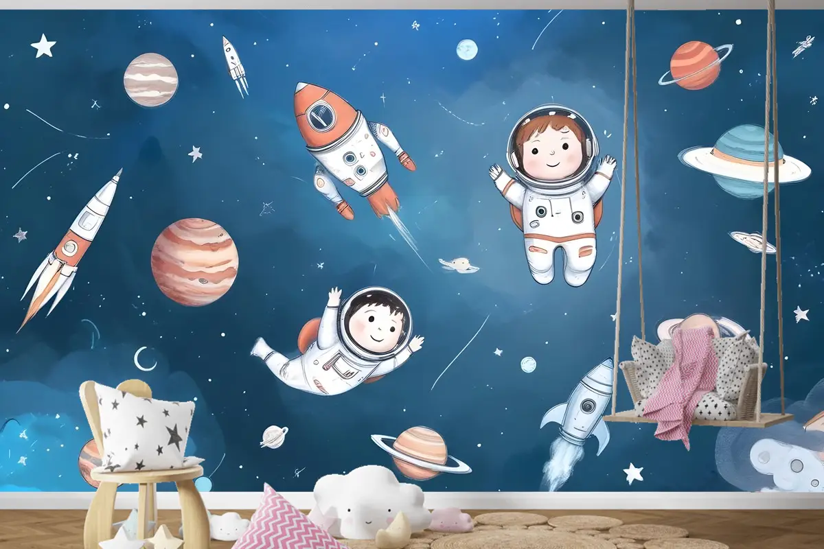 Gezegenler Çocuk Odası Duvar Kağıdı Ile Çocuklar Suluboya Uzay