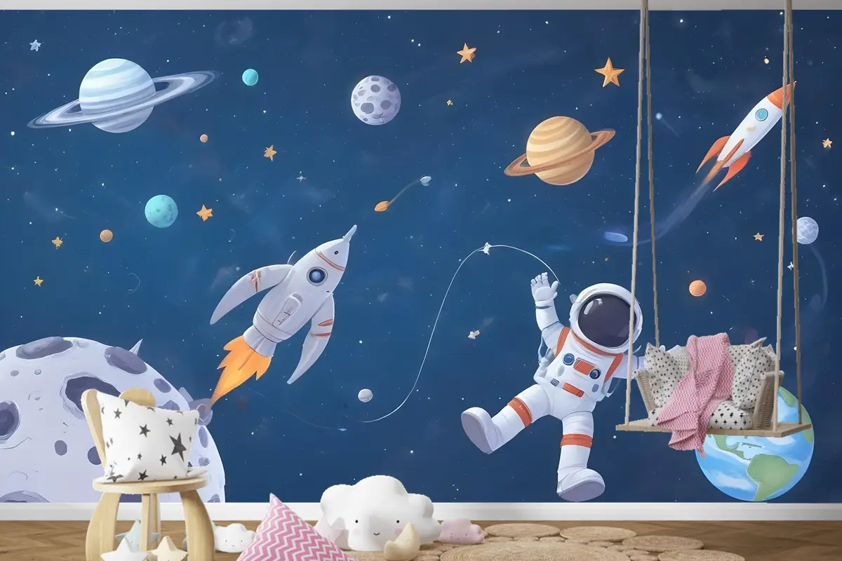 Uzay Gemisi Ve Astronotlu Çocuklar Suluboya Alanı Çocuk Odası Duvar Kağıdı