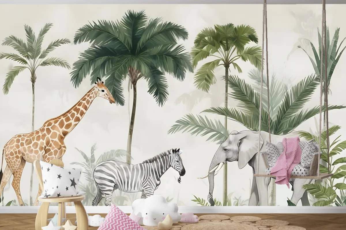 Palmiye Ağaçları Ile Çocuklar Vahşi Tropikal Hayvanlar Çocuk Odası Duvar Kağıdı