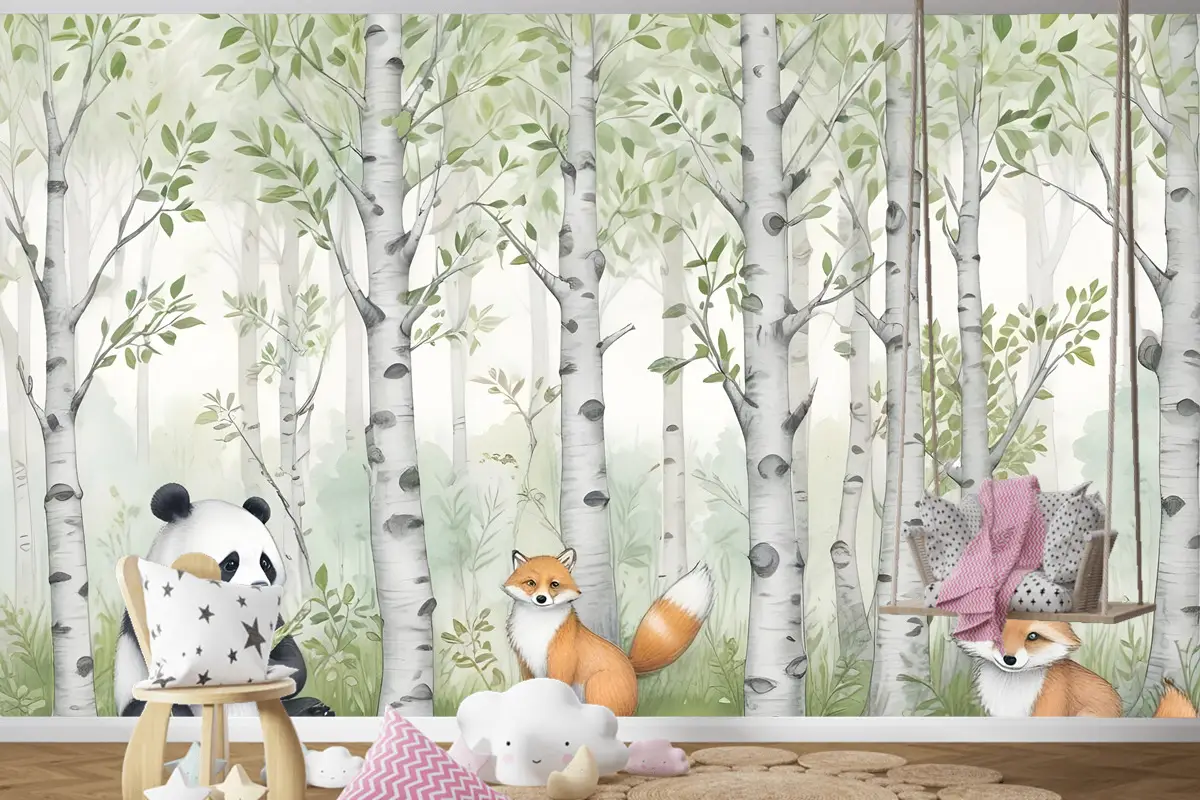 Ormandaki Çocuklar Orman Hayvanları Çocuk Odası Duvar Kağıdı