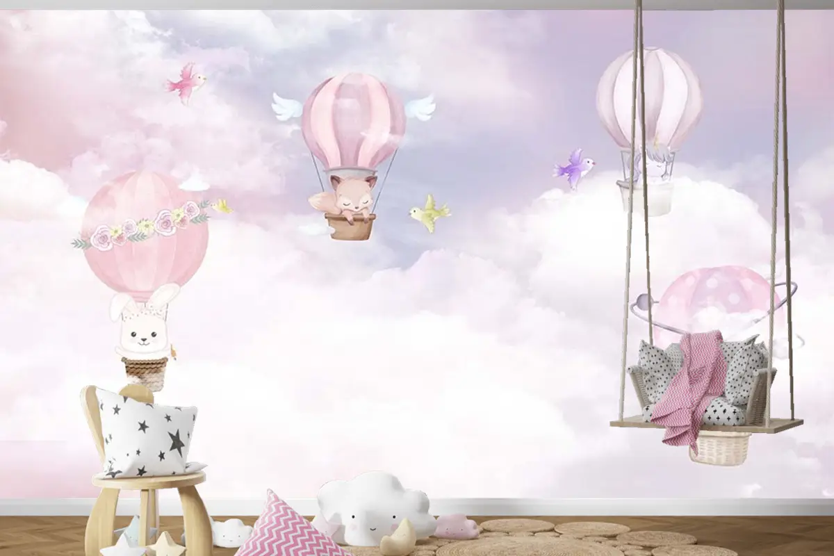 Çocuk Odası Duvar Kağıdı Balonlar Ve Sevimli Hayvanlar