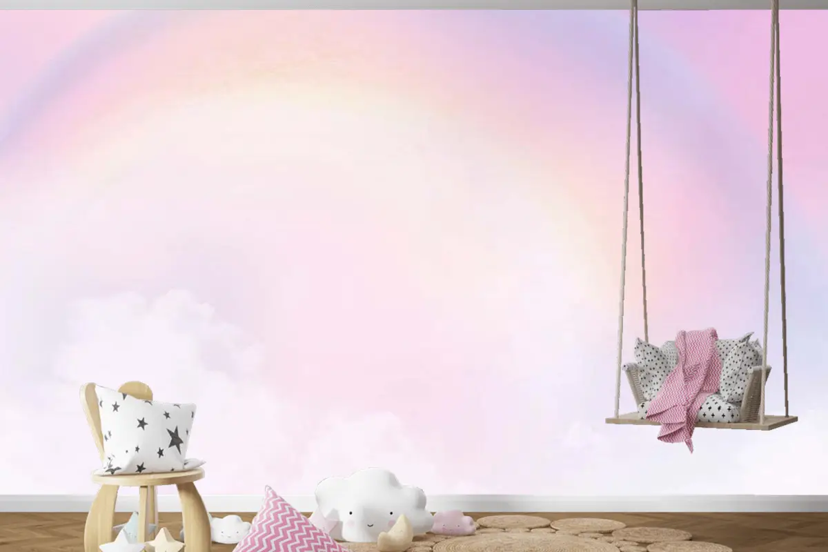 Çocuk Odası Duvar Kağıdı Gökkuşağı Ve Pembe Bulutlar