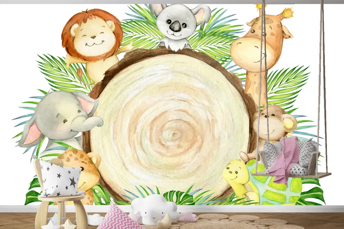 Leopar Maymun Koala Aslan Kaplumbağa Fil Zürafa Yazı Bir Tropikal Hayvanlar Çocuk Odası Duvar Kağıdı