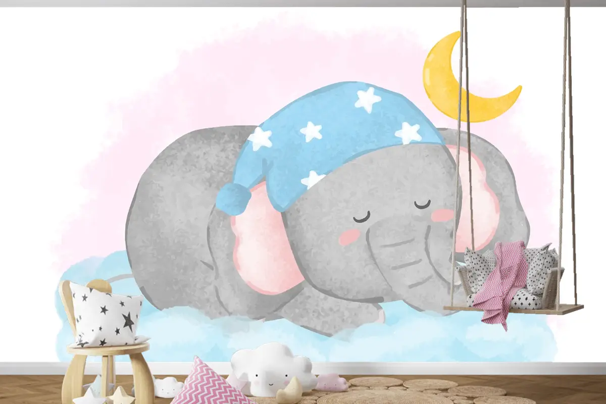Suluboya Çocuk Odası Duvar Kağıdı Nde Bulutun Üzerinde Uyuyan Güzel Fil