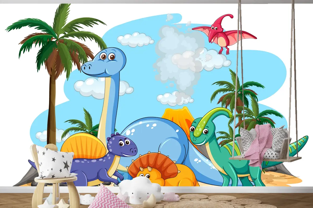 Tarih Öncesi Topraklarda Birçok Sevimli Dinozor Karakteri İzole Çocuk Odası Duvar Kağıdı