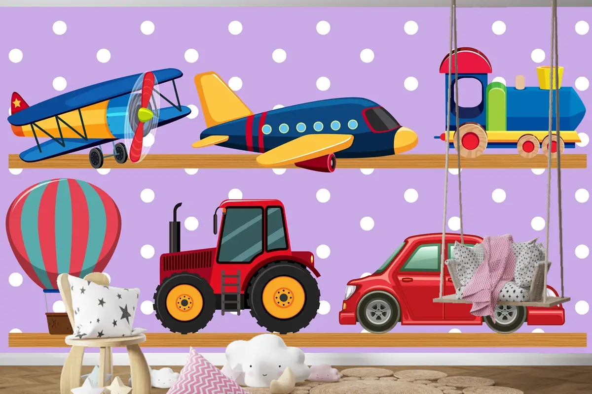 Ahşap Raflarda Birçok Taşıma Oyuncakları Çocuk Odası Duvar Kağıdı