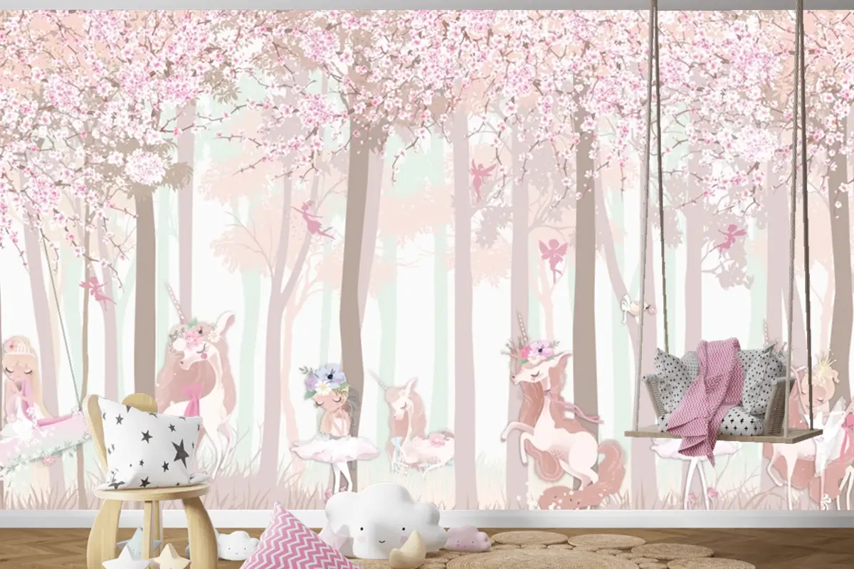 Masal Unicorn Pembe Orman Çocuk Odası Duvar Kağıdı