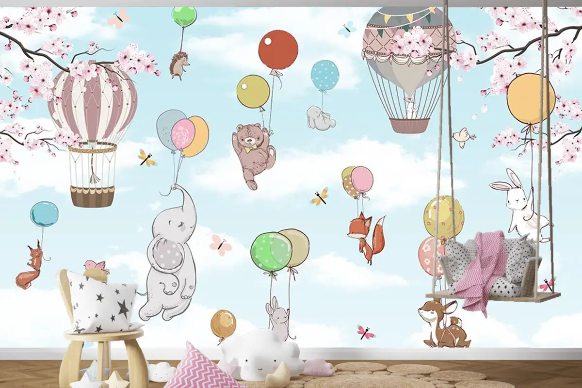 Mavi Gökyüzünde Balonlara Asılan Sevimli Hayvanlar Çocuk Odası Duvar Kağıdı
