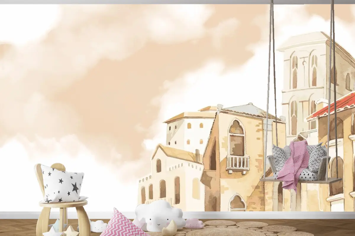 Akdeniz Şehir Binası Dış Su Renk Stili Çocuk Odası Duvar Kağıdı 