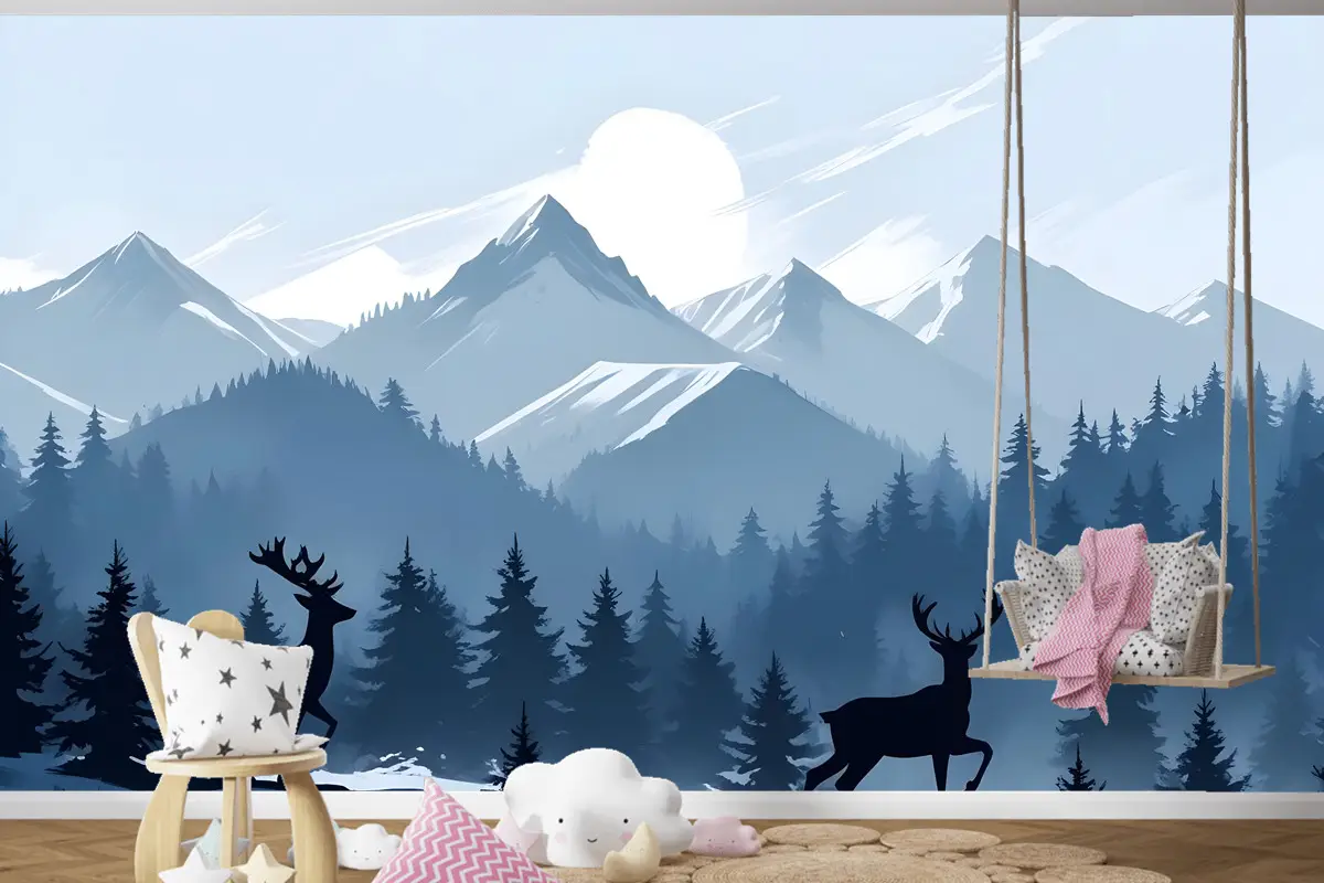Çocuklar Için Boynuzlu Geyik Silueti Ile Tek Renkli Koyu Mavi Karlı Orman Çocuk Odası Duvar Kağıdı