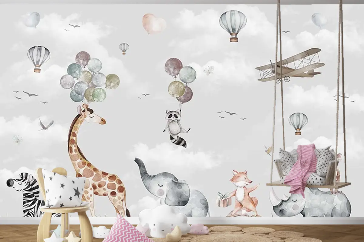 Mutlu Hayvanların Renkli Dünyası Çocuk Odası Duvar Kağıdı