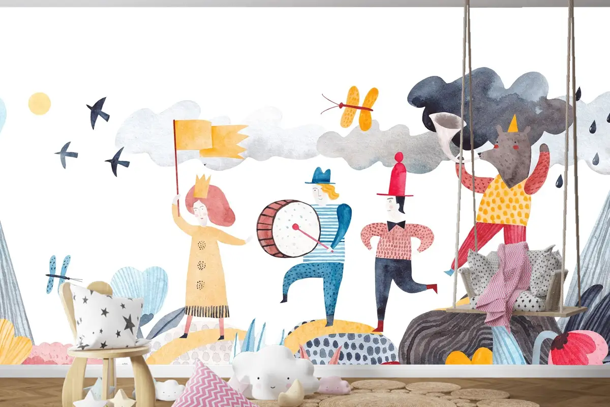 Neşeli Kortej ve Renkli Karakterler Çocuk Odası Duvar Kağıdı