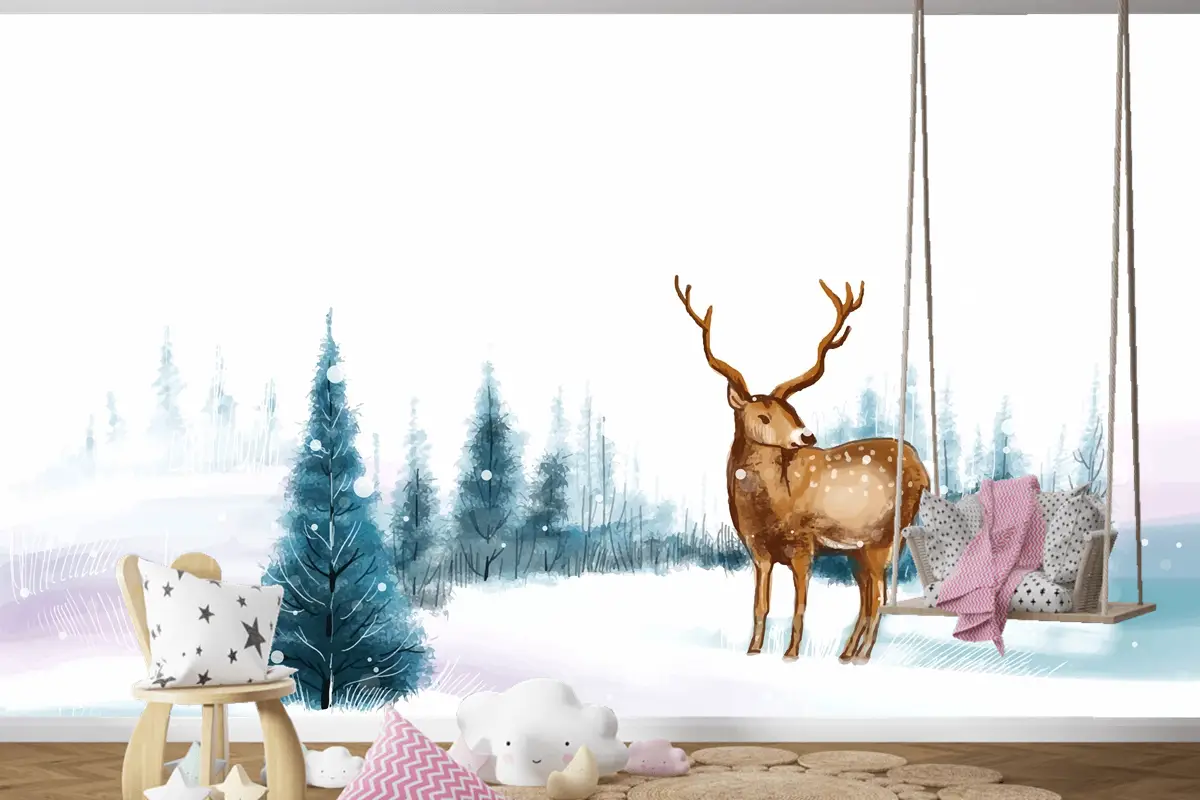 Ren Geyiği Çocuk Odası Duvar Kağıdı  Ile Yeni Yıl Ve Noel Ağacı Kış Manzarası Arka Plan