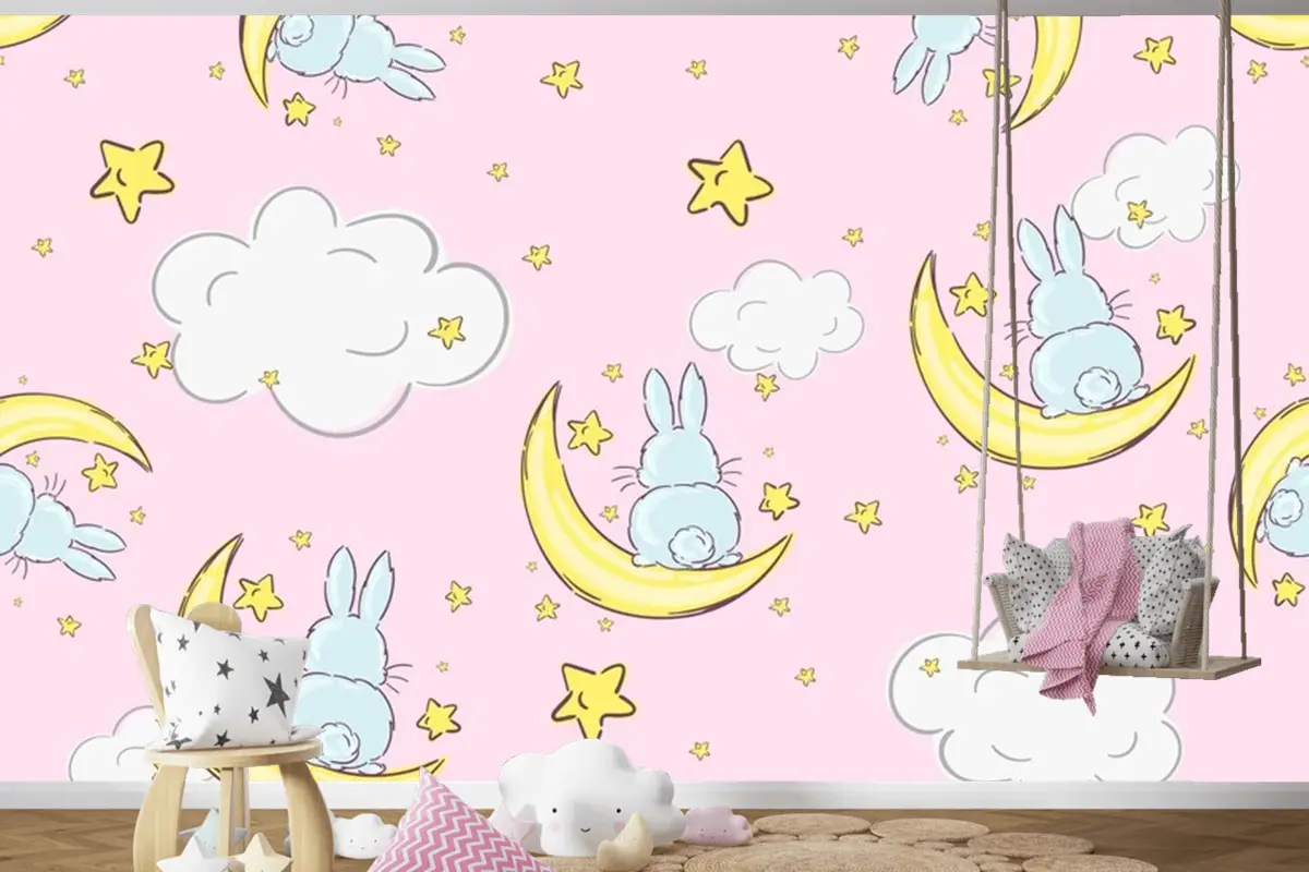 Ayların Ve Yıldızların Üzerinde Oturan Sevimli Tavşanlarla Gece Gökyüzü Doodle Deseni Sorunsuz Çocuk Odası Duvar Kağıdı