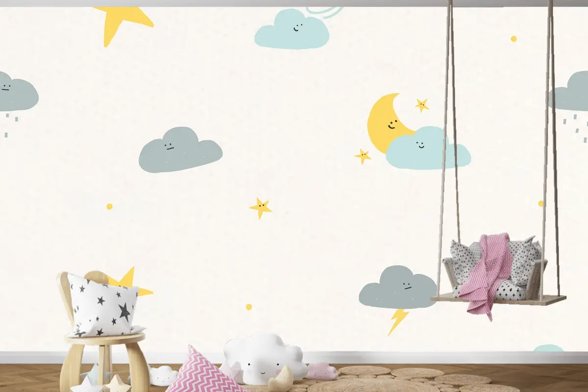 Gece Gökyüzü Dikişsiz Desen Hava Durumu Doodle Çocuk Odası Duvar Kağıdı 