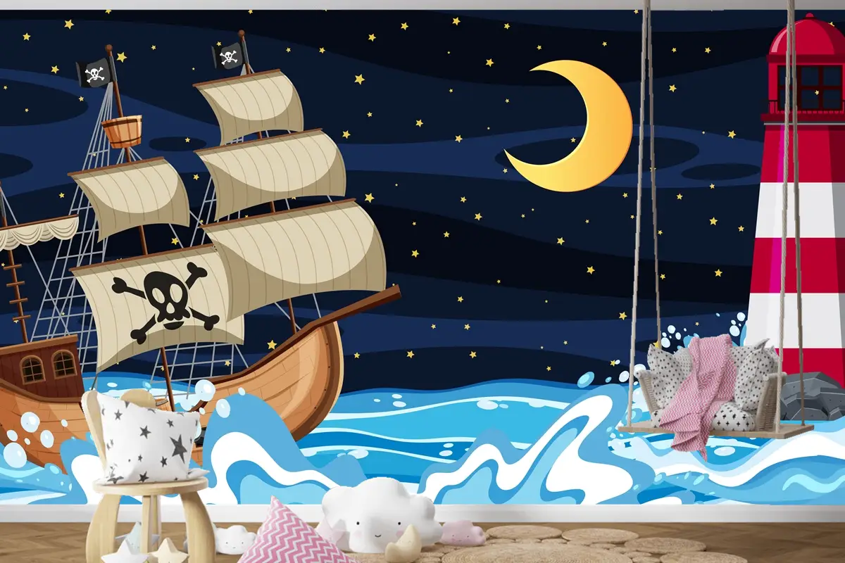 Karikatür Tarzında Korsan Gemisi Ile Gece Okyanus Sahnesi Çocuk Odası Duvar Kağıdı