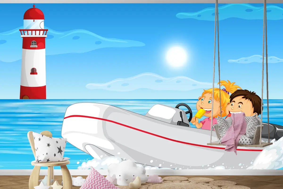 Motorlu Teknede Çocuklu Okyanus Manzarası Çocuk Odası Duvar Kağıdı